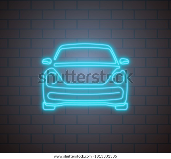 car\
icon in neon blue backlight on brick wall background. Car driving,\
maintenance in service center. Road safety.\
Vector