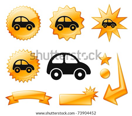 Car Icon on Orange Burst Banners and Medals Original Vector Illustration