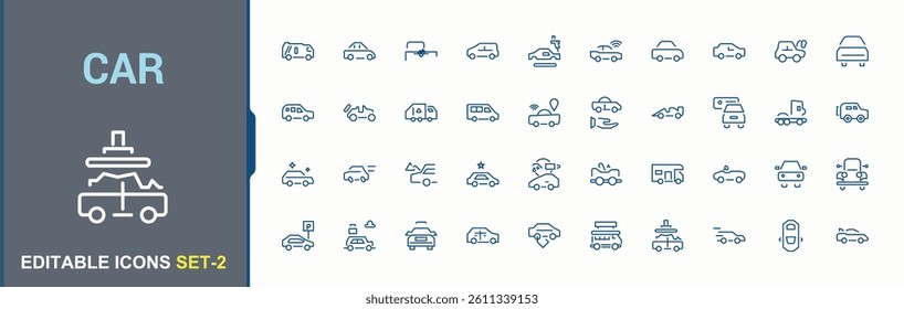 Car icon pack. Contain linear symbols transport, vehicle, taxi, automobile and more. Cars icon set. Minimal thin line web icons set. Vector illustration. Pixel perfect.