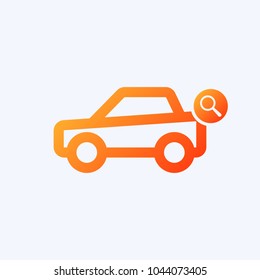 Car icon with research sign. Car icon and explore, find, inspect symbol. Vector icon