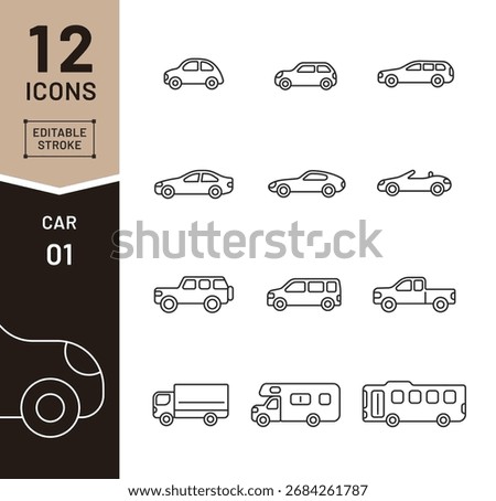Car Icon Set – 12 Simple Line Vector Vehicles (Sedan, SUV, Truck, Bus, Van, RV, Sports Car)
