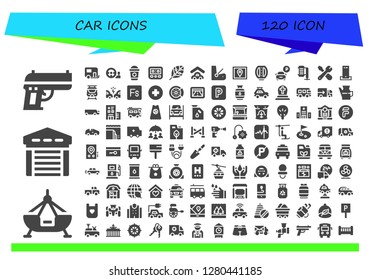  car icon set. 120 filled car icons. Simple modern icons about  - Gun, Fair ship, Garage, Caravan, Steering wheel, Frappe, Speedometer, Renewable energy, Seat, Gps, Pedal, Parking