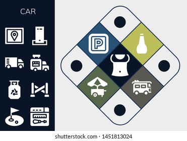 Car Icon Set. 13 Filled Car Icons.  Collection Of - Abs, Golf, Repair, Gas, Police Line, Truck, Ice Cream Van, Gps, Charger, Oil, Parking, Food Cart, Van