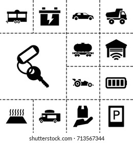 Car icon. set of 13 filled car icons such as parking, toy car, key, battery, trailer, van, cargo wagon, ful battery