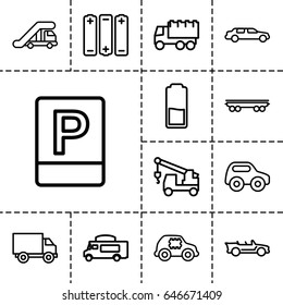 Car icon. set of 13 outline caricons such as truck crane, toy car, car, truck, truck with hook, van, cabriolet, parking