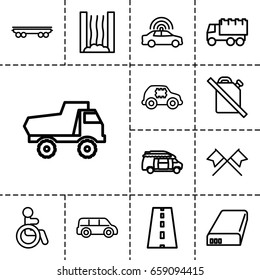 Car icon. set of 13 outline caricons such as police car, disabled, toy car, truck, van, road, battery, heating system, crossed flags