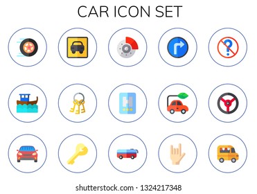 car icon set. 15 flat car icons.  Simple modern icons about  - racing, boat, taxi, keys, brake, hotel, turn right, electric car, no doubt, key, bus, maloik, food truck