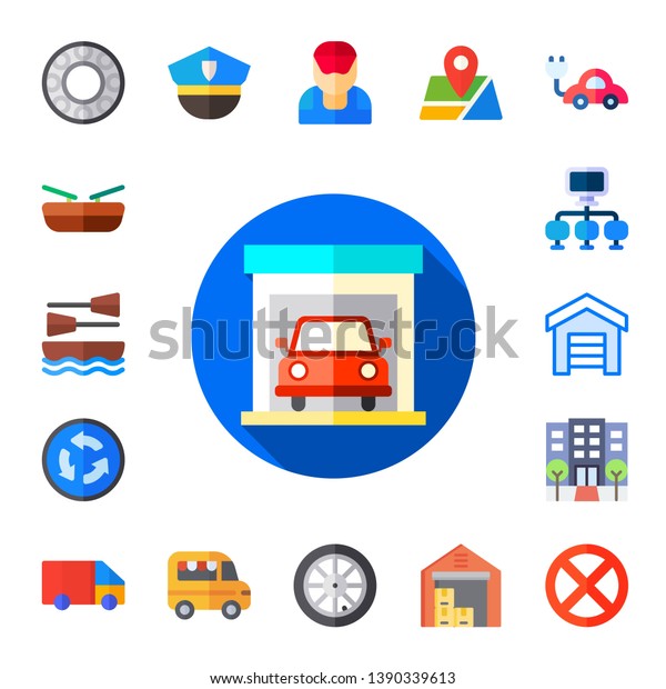 car icon\
set. 17 flat car icons.  Simple modern icons about  - transport,\
boat, garage, roundabout, maintenance, hotel, delivery truck,\
police, food truck, mechanic, tire,\
gps