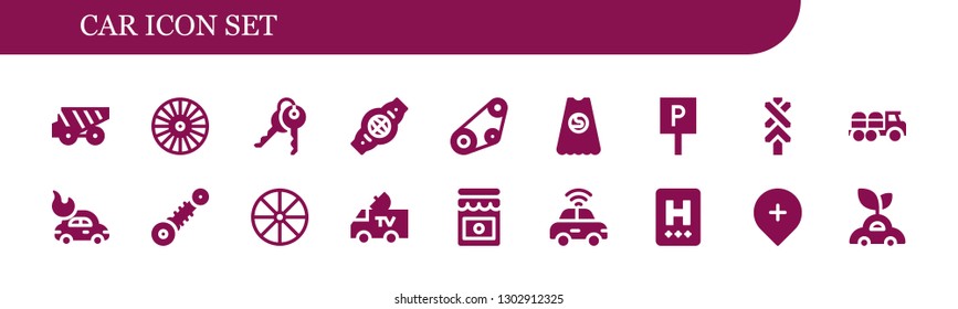  car icon set. 18 filled car icons.  Simple modern icons about  - Dump truck, Wheel, Keys, Belt, Timing belt, Superhero, Parking, Road sign, Truck, Car, Suspension, Van, Jam, Autonomous