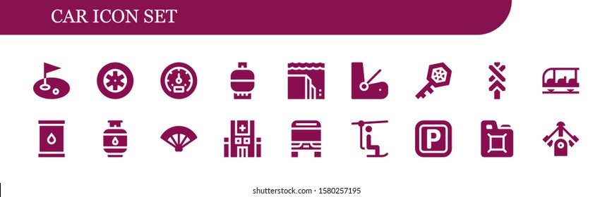 car icon set. 18 filled car icons.  Collection Of - Golf, Wheels, Tachometer, Gas, Landslide, Seat, Key, Road sign, Transportation, Oil, Fan, Hospital, Bus, Chairlift, Parking icons