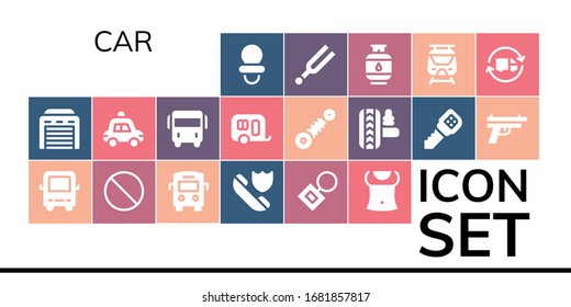 car icon set. 19 filled car icons.  Simple modern icons such as: Dummy, Garage, Bus, Forbbiden, Insurance, Key chain, Abs, Police car, Caravan, Suspension, Key, Gun, Tuning, Gas