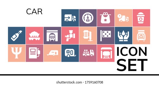 conjunto de iconos del coche. 19 íconos rellenos del coche.  Iconos modernos sencillos como: Camión, Petróleo, Psi, Estación de Combustible, Caravana, Camión, Parada de Autobuses, Gagón, Túnel, Aerógrafo, Compresor, Bandera De Acabado, Seguros