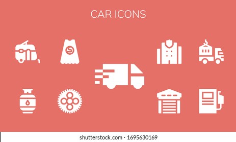 car icon set. 9 filled car icons.  Simple modern icons such as: Delivery truck, Wheel, Superhero, Gas, Caravan, Fuel station, Garage, Police station