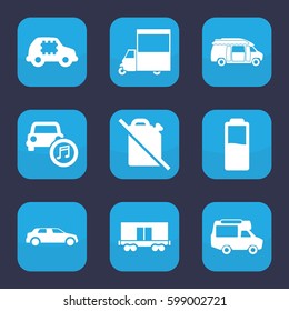 car icon. Set of 9 filled car icons such as van, cargo wagon, battery