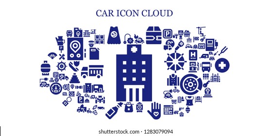  car icon set. 93 filled car icons. Simple modern icons about  - Hospital, Toy, Fuel, Superhero, Car, Fast delivery, Big ben, Insurance, Bib, Oil, Electric car, Fan, Warehouse