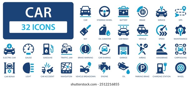 Auto-Icon-Set. Symbolsammlung für automatischen Service und Reparatur. Fahrzeugreparatur, Rad, Motor, Batterie, Kraftstoff, Verkehr, Bremse, Auto, Auto-Service.