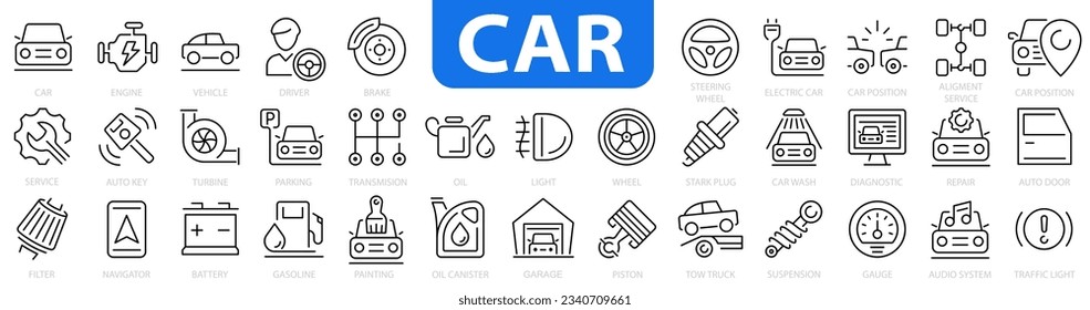 Juego de iconos del coche. Iconos de automóvil. Servicio y reparación de coches, lavado de coches, vehículo, garaje, motor, aceite, mantenimiento y más. Ilustración del vector