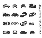 Car icon set. Automobile From Various Sides, Monochrome symbol. Side, Bottom, Top, Front View, Isometric Projection, Interior of the Car. Black and white style