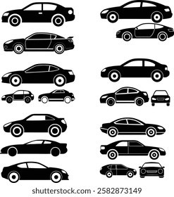 Car icon set. Automobile From Various Sides, Monochrome symbol. Side, Bottom, Top, Front View, Isometric Projection, Interior of the Car. Black and white style