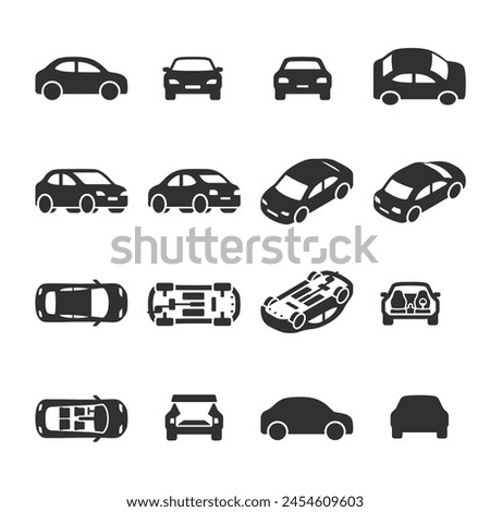 Car icon set. Automobile From Various Sides, Monochrome symbol. Side, Bottom, Top, Front View, Isometric Projection, Interior of the Car. Black and white style