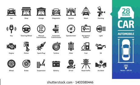 Car Icon Set With Basic Automotive Symbols: Automobile, Auto Service, Wash & Shop, Vehicle Repair, Wheel & Tire, Oil & Fuel, Engine, Battery, Road Traffic, Brake, Spark Plug And More Glyph Sign.
