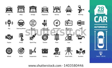 Car icon set with basic automotive symbols: automobile, auto service, wash & shop, vehicle repair, wheel & tire, oil & fuel, engine, battery, road traffic, brake, spark plug and more glyph sign.