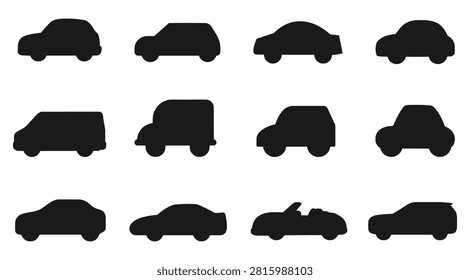 Car icon set in black vector style featuring automobile silhouettes with varied rooflines, wheelbases, and proportions for EPS transport, vehicle, and decorative design illustrations.