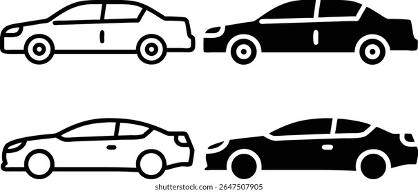 Car Icon Set – Black and White Sedan Vehicle Symbol Vector Illustration