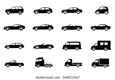 Conjunto de ícones de carro, vetor de ilustração de símbolo de carros em fundo branco 