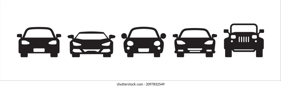 Car icon set. Cars transport symbol. Automobile vehicle silhouette front view sign. Contain icon such as sport car, racing, sedan, off road and city car.