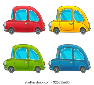 Car icon set. Cartoon funny colorful retro small automobile with color variations: red, yellow, green and blue vintage small cars. Vector eps 10 illustration isolated on white background.