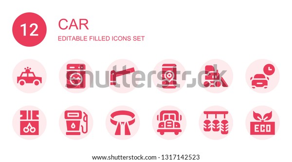 car icon set. Collection of 12 filled car icons\
included Police car, Washing, Parking, Gps, Bulldozer, Jam, Gas,\
Belt, Bus, Pedals, Eco