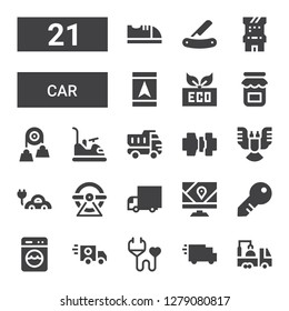 car icon set. Collection of 21 filled car icons included Truck, Delivery truck, Medical insurance, Ambulance, Washing, Key, Gps, Wheel, Electric car, Deformity, Seatbelt, Bumper
