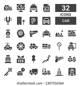 car icon set. Collection of 32 filled car icons included Parking, Empire state, Truck, Delivery truck, Key, Gun, Ratchet, Dummy, Eco, Seat, Electric car, Street sign, Transport