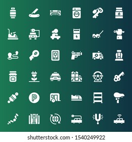 Car Icon Set. Collection Of 36 Filled Car Icons Included Car, Tuning, Electric Eco, Hotel, Ratchet, Seat, Rack, Baby Shoes, Trailer, Parking, Damper, Key, Wheel, Truck, Taxi