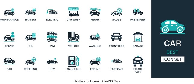 Car icon set collection. Maintenance, battery, electric, car wash repair, gauge, passenger, driver, oil, jam, vehicle, warning and best solid icon set.