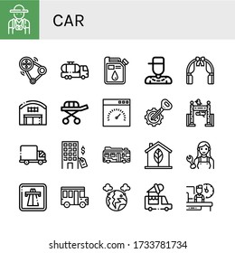 car icon set. Collection of Tourist, Transmission, Tank truck, Oil, Rapper, Wedding arch, Warehouse, Stretcher, Speedometer, Key, Zoo, Truck, Hotel, Bus, Eco, Mechanic, Highway icons