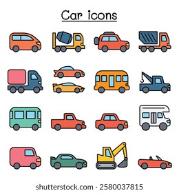 Car icon set in color line style