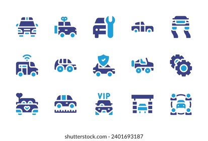 Car icon set. Duotone color. Vector illustration. Containing stability, service, gears, insurance, carsharing, taxi, police, car, classic car, smart, suv, car manufacturing.