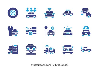 Autosymbol eingestellt. Duotonfarbe. Vektorgrafik. Mit Rädern, Teilen, Auto, Stamm, Checkliste, Fahrstuhl, Auto auf Feuer, autonom, Darlehen, Parkplatz, Polizei, Hochzeitsauto.