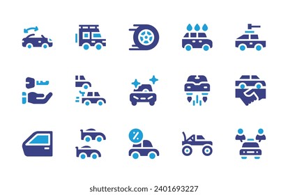 Car icon set. Duotone color. Vector illustration. Containing convertible, military vehicle, racing, key, deal, clean, door, sharing, loan, car, race, flying, racing.