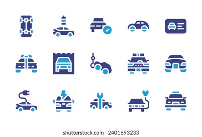 Juego de iconos del coche. Color de duotona. Ilustración vectorial. Con permiso de conducir, camión remolque, taxi, auto eléctrico, servicio, batería, auto anfibio, policía.