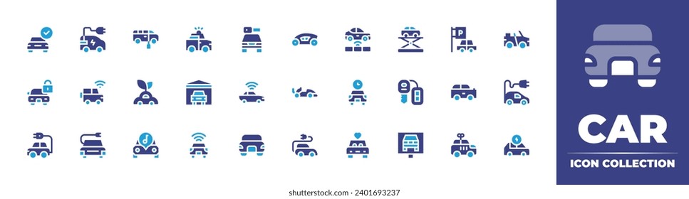 Car icon set. Duotone color. Vector illustration. Containing available, futuristic, rental, sport, lifter, locked car, racing, smart, car, key, electric, radio.