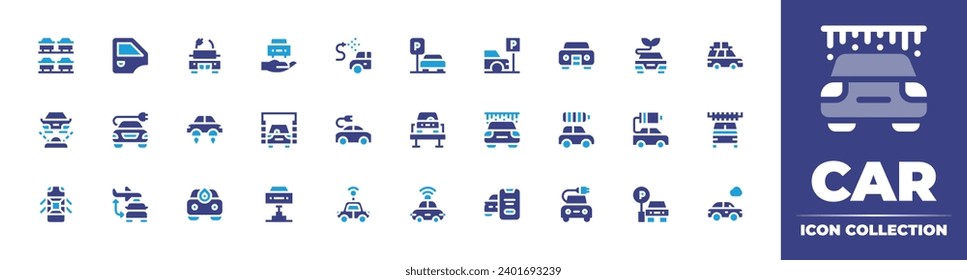 Juego de iconos del coche. Color de duotona. Ilustración vectorial. Con puerta, aparcamiento, eléctrico, lavado, transferencia, alquiler, coches, aparcamiento, coche, híbrido, inteligente, reparación, batería.