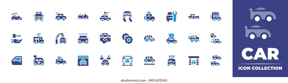 Car icon set. Duotone color. Vector illustration. Containing convertible car, stability, military vehicle, car, service, key, gears, deal, factory, insurance, door, carsharing, sharing.