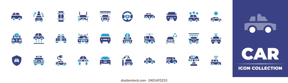 Juego de iconos del coche. Color de duotona. Ilustración vectorial. Conteniendo coche, volante, lavado de corriente, alquiler, protección, fábrica, coche deportivo, eléctrico, camioneta, compartiendo, suspensión.