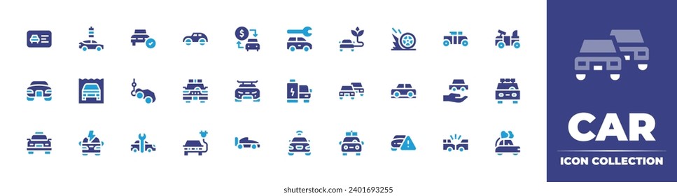 Car icon set. Duotone color. Vector illustration. Containing driving license, repair, car, speed, sharing, battery, tow truck, sport, taxi, smart, service, formula, eco car.