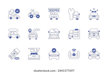 Auto-Symbol gesetzt. Linienstrich im Duotonstil und fett. Vektorgrafik. Enthaltendes Auto, Elektro, Checkliste, Dachgepäckträger, Autopilot, Driften, Waschen, überprüfen, Herstellung, Polizeiauto.