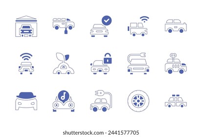 Conjunto de iconos de coche. Trazo de línea de estilo duotono y negrita. Ilustración vectorial. Conteniendo rueda, coche, disponible, deporte, bloqueado, eléctrico, radio, alarma, juguete, policía, reparación.
