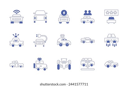 Car icon set. Duotone style line stroke and bold. Vector illustration. Containing electric, toy, race, car service, sharing, car, autonomous, sport, police, flying.
